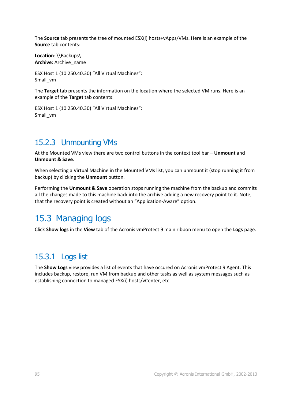 Unmounting vms, 3 managing logs, Logs list | P. 95), 3 unmounting vms, 1 logs list | Acronis Backup for VMware 9 - User Guide User Manual | Page 95 / 123