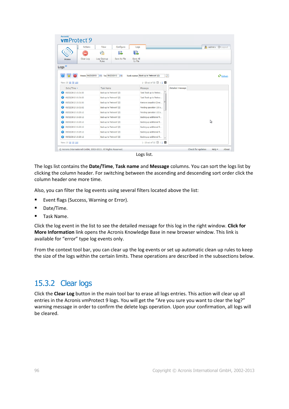 Clear logs, 2 clear logs | Acronis Backup for VMware 9 - User Guide User Manual | Page 96 / 123