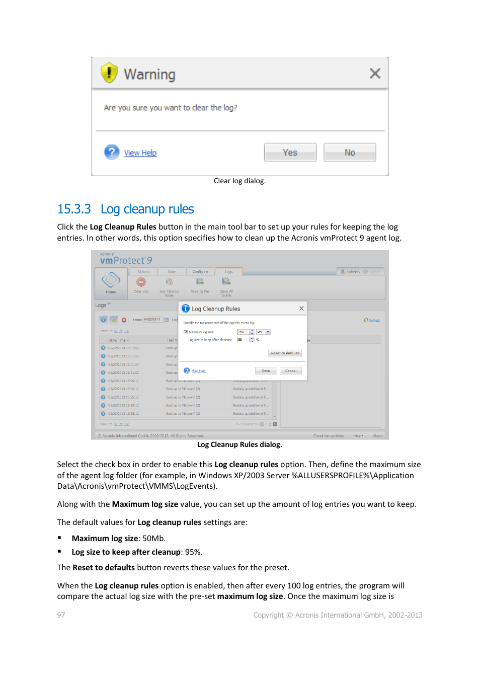 Log cleanup rules, 3 log cleanup rules | Acronis Backup for VMware 9 - User Guide User Manual | Page 97 / 123
