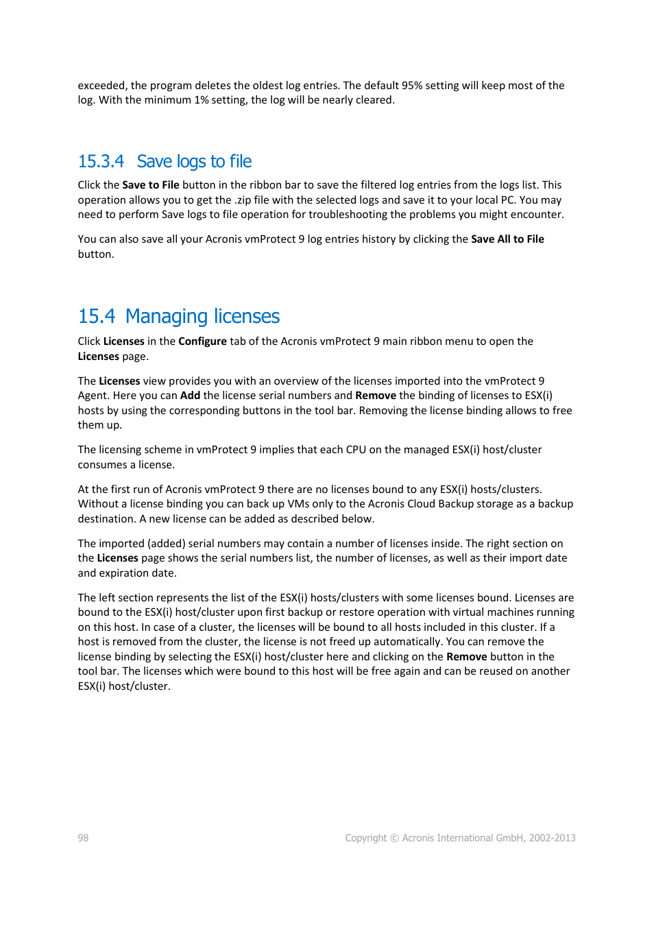 Save logs to file, 4 managing licenses, P. 98) | 4 save logs to file | Acronis Backup for VMware 9 - User Guide User Manual | Page 98 / 123