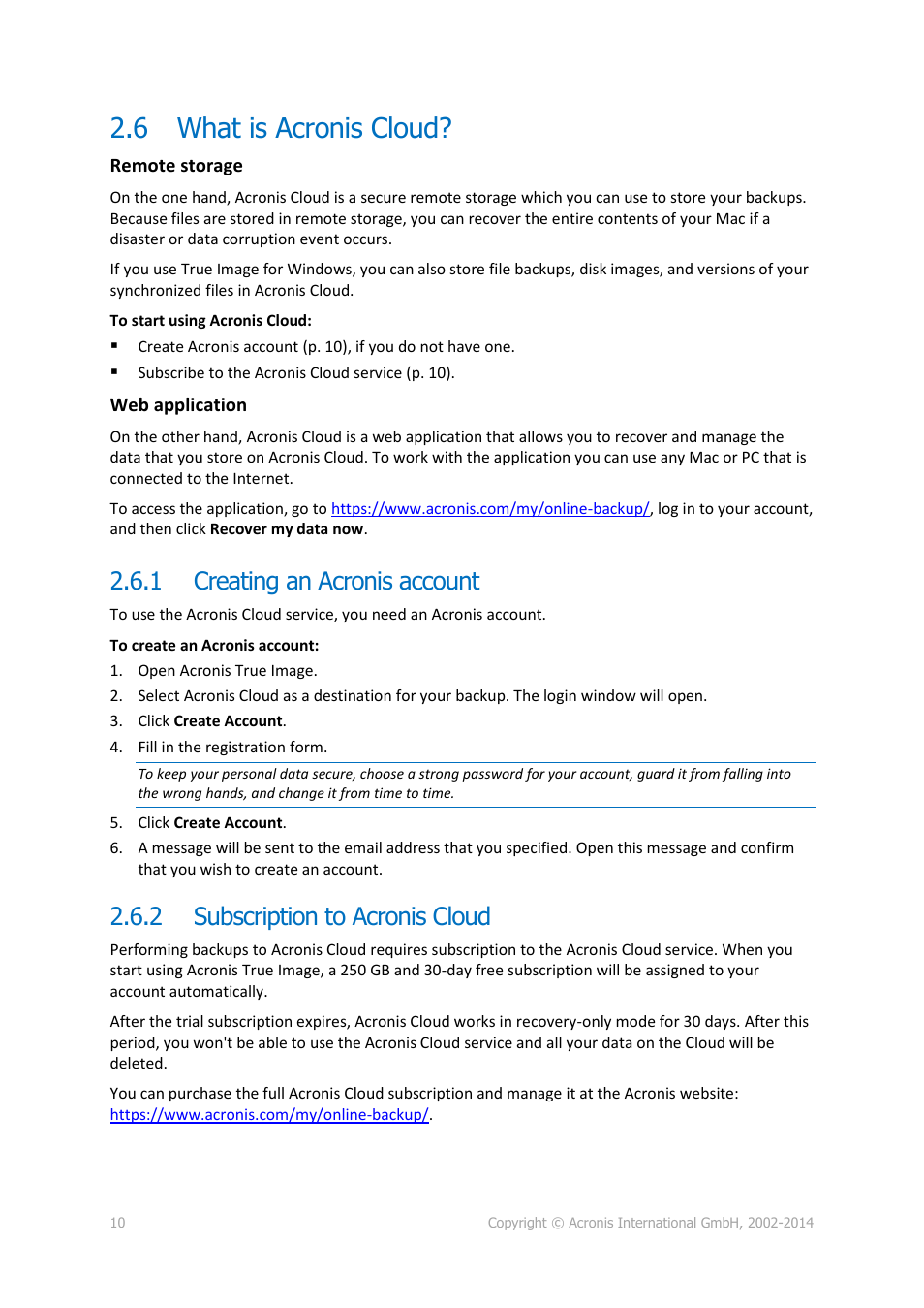 6 what is acronis cloud, 1 creating an acronis account, 2 subscription to acronis cloud | What is acronis cloud, Creating an acronis account, Subscription to acronis cloud, P. 10) | Acronis True Image for Mac - User Guide User Manual | Page 10 / 16