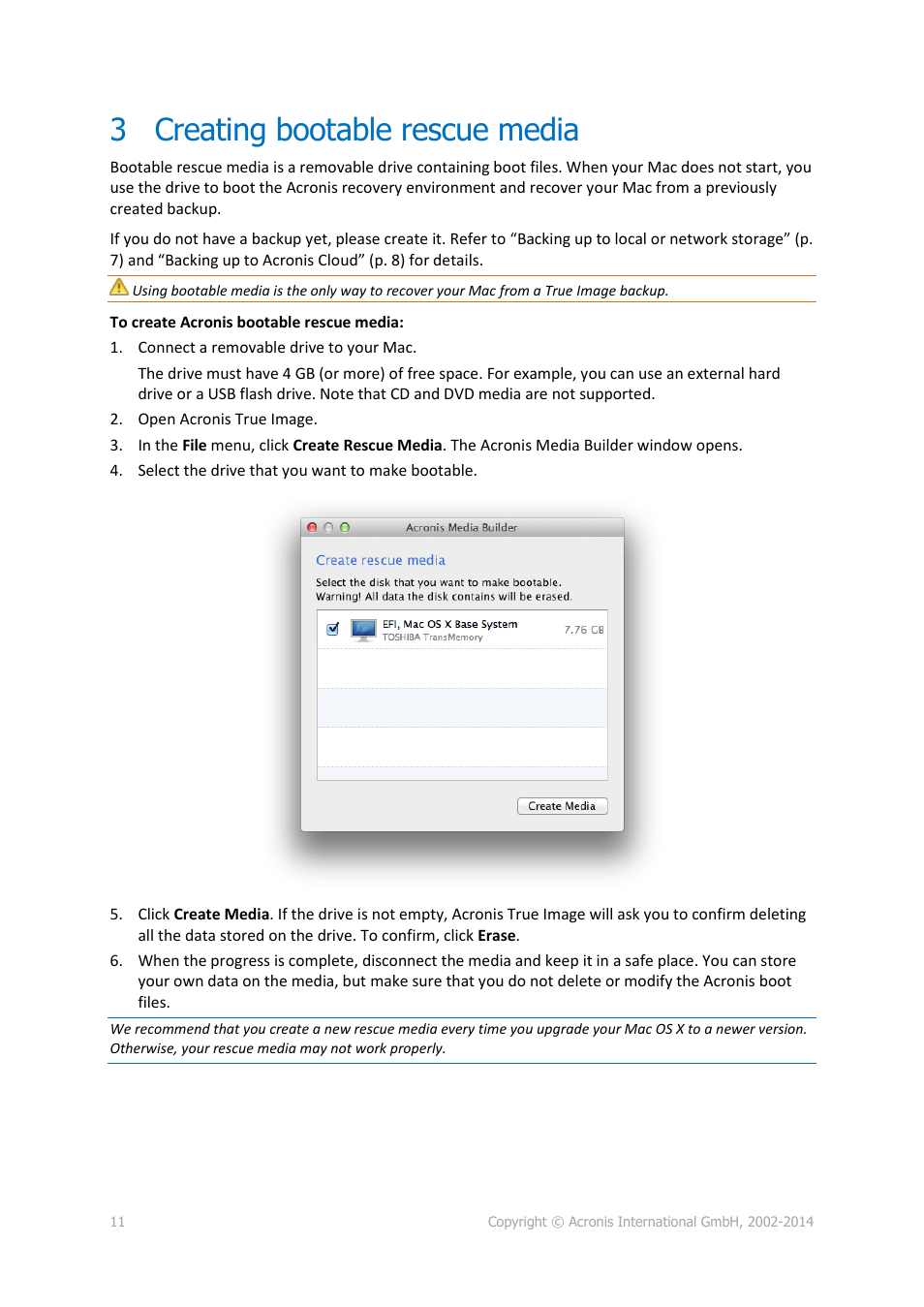 3 creating bootable rescue media, Creating bootable rescue media, P. 11) | Acronis True Image for Mac - User Guide User Manual | Page 11 / 16