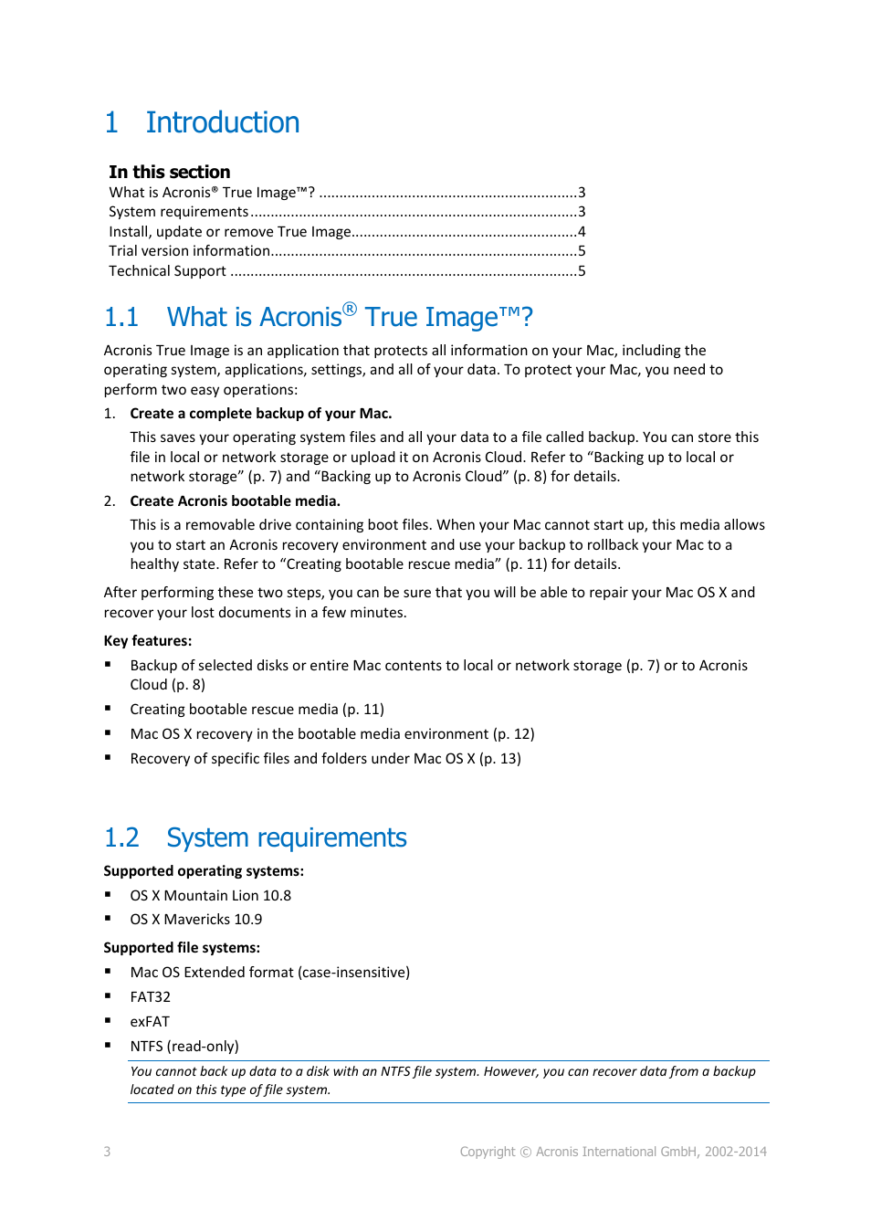 1 introduction, 1 what is acronis® true image, 2 system requirements | Introduction, What is acronis® true image, System requirements, 1 what is acronis, True image | Acronis True Image for Mac - User Guide User Manual | Page 3 / 16