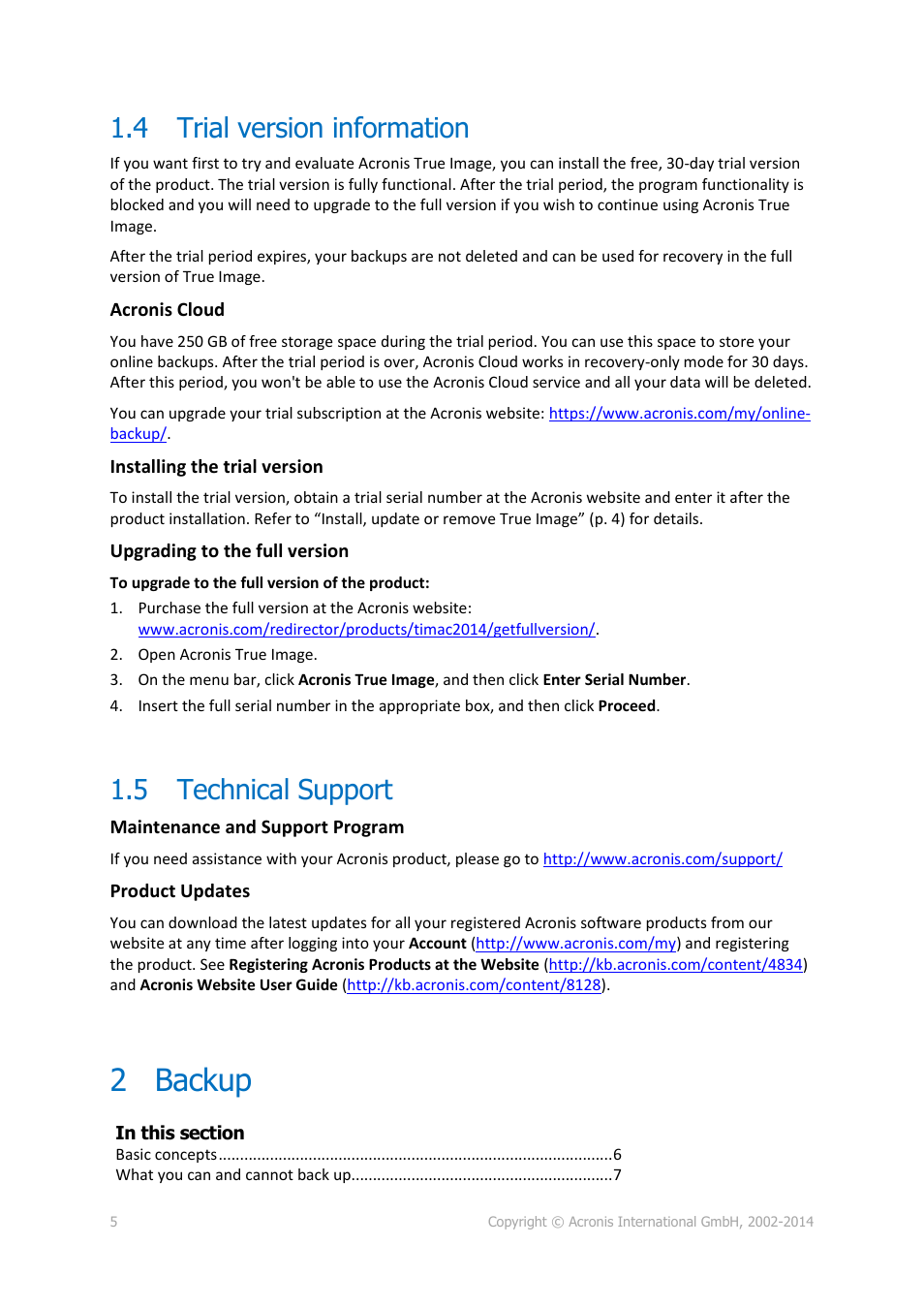 4 trial version information, 5 technical support, 2 backup | Trial version information, Technical support, Backup | Acronis True Image for Mac - User Guide User Manual | Page 5 / 16