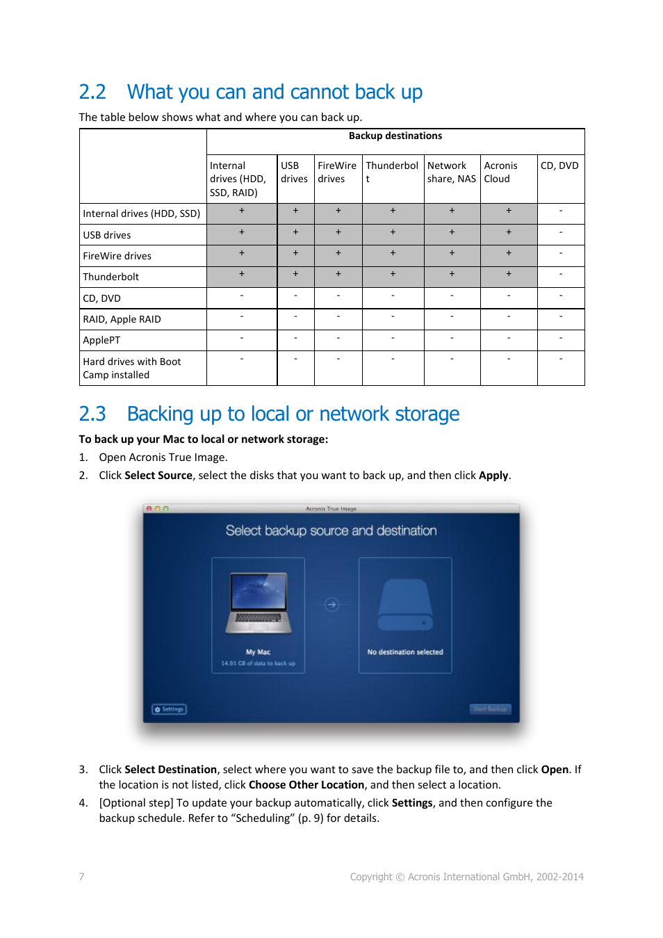 2 what you can and cannot back up, 3 backing up to local or network storage, What you can and cannot back up | Backing up to local or network storage, P. 7) | Acronis True Image for Mac - User Guide User Manual | Page 7 / 16