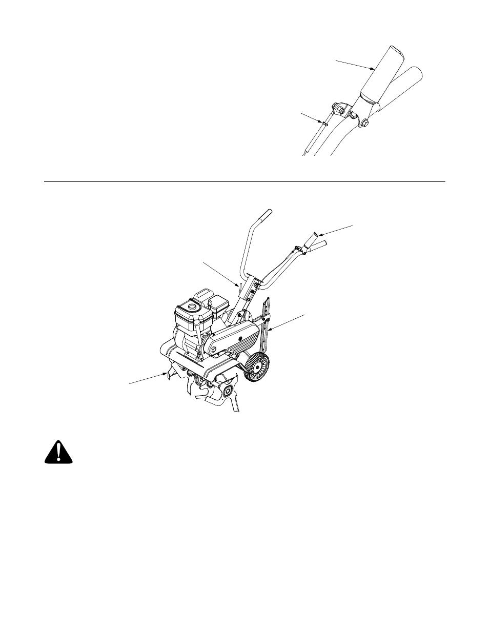 Check cable adjustment, Tine clutch control, Depth stake | Handle adjustment lever, Throttle control | MTD Front Tine Tiller 300 User Manual | Page 6 / 20