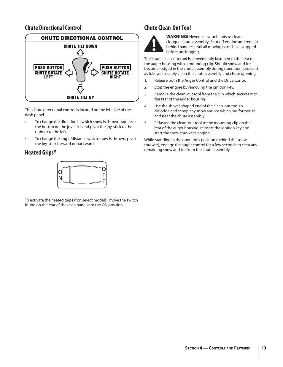 Chute directional control, Heated grips, Chute clean-out tool | MTD 600-Series User Manual | Page 13 / 32