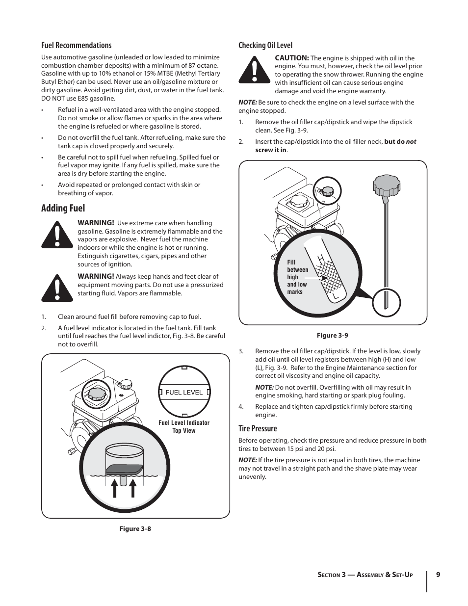 Adding fuel, Fuel recommendations, Checking oil level | Tire pressure | MTD 600-Series User Manual | Page 9 / 32