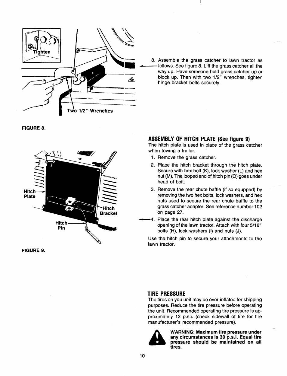 Assembly of hitch plate (see figure 9), Tire pressure | Bolens 130-527-000 User Manual | Page 10 / 32