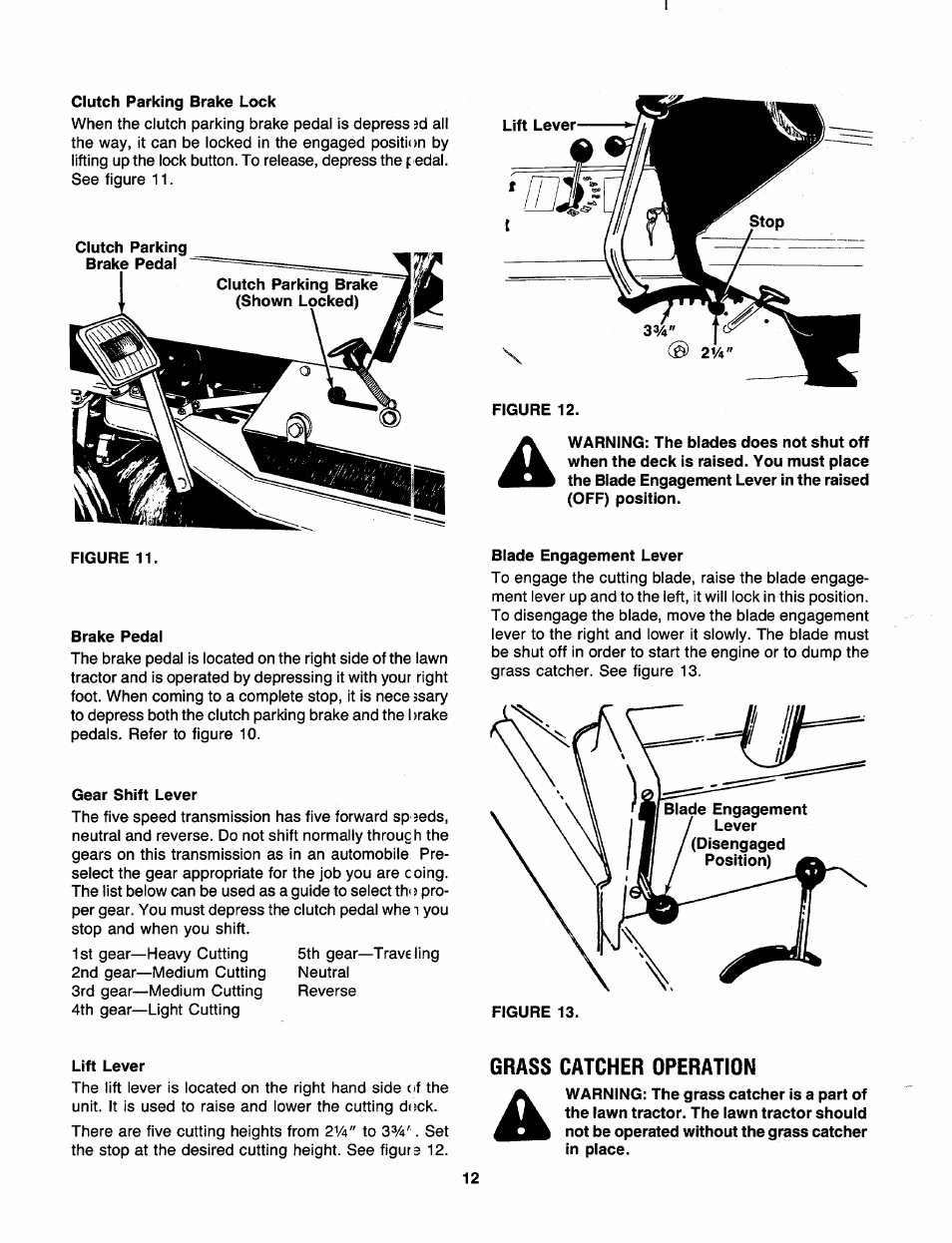 Clutch parking brake lock, Brake pedal, Gear shift lever | Blade engagement lever, Lift lever, Grass catcher operation | Bolens 130-527-000 User Manual | Page 12 / 32