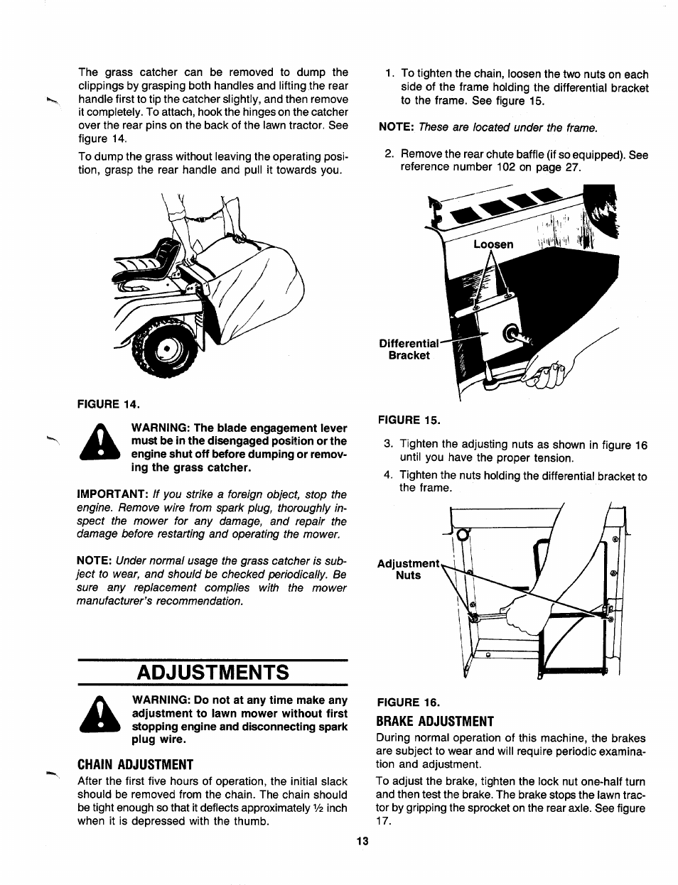 Figure 14, Adjustments, Chain adjustment | Figure 15, Brake adjustment | Bolens 130-527-000 User Manual | Page 13 / 32