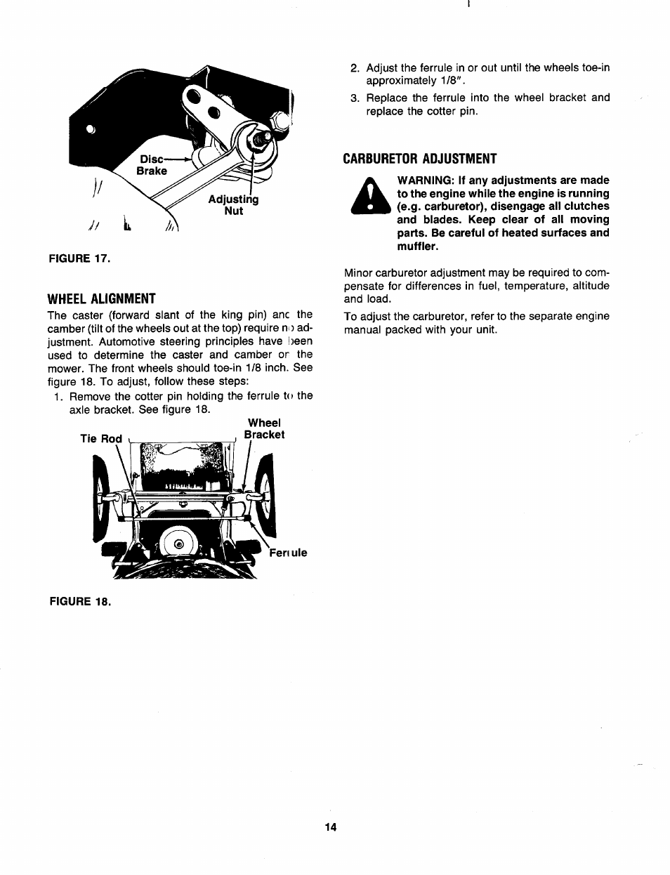 Carburetor adjustment, Wheel alignment, Figure 18 | Bolens 130-527-000 User Manual | Page 14 / 32