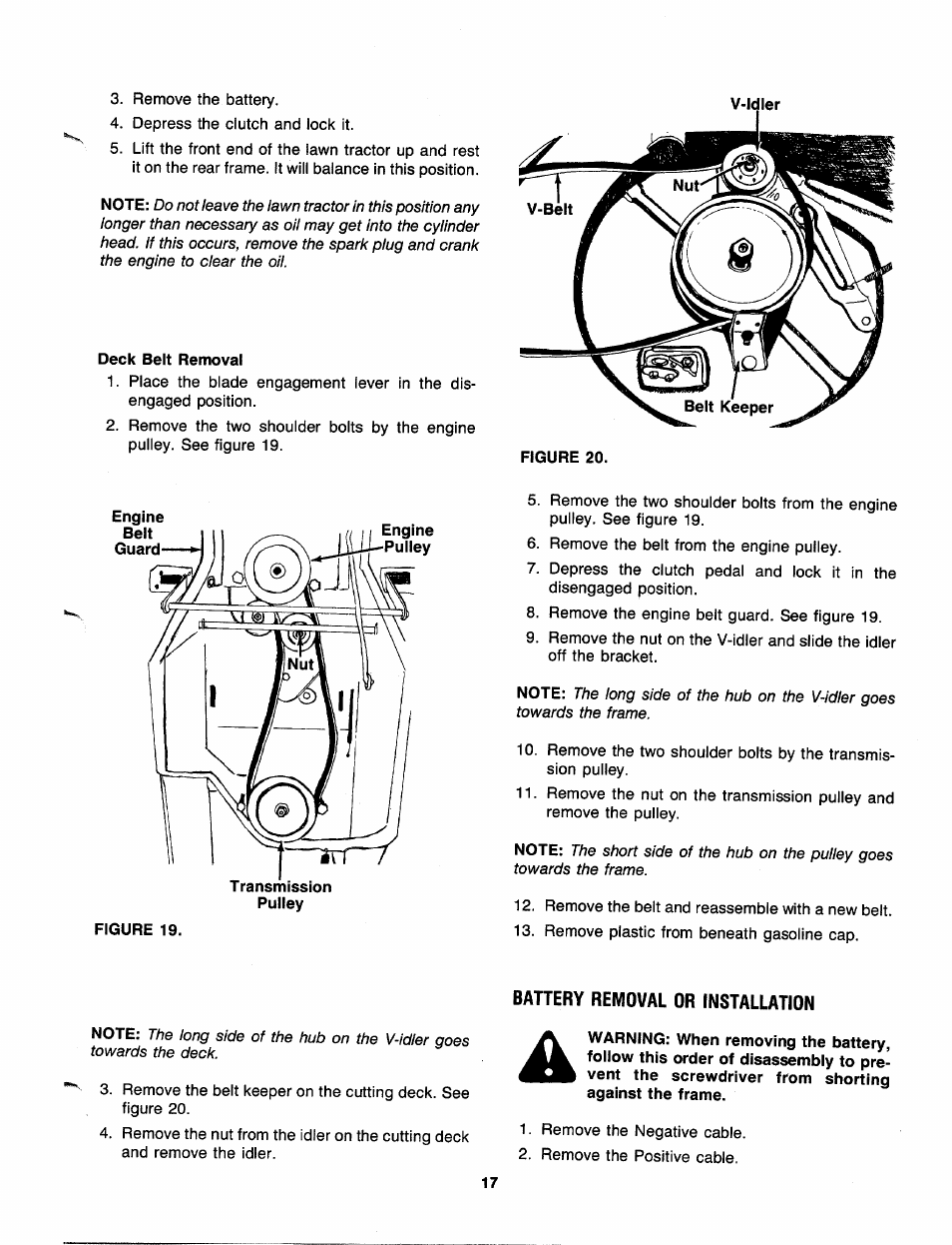 Deck belt removal, Bahery removal or installation | Bolens 130-527-000 User Manual | Page 17 / 32