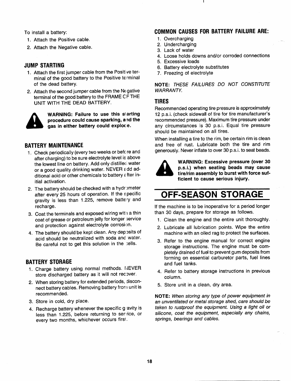 Jump starting, Battery maintenance, Battery storage | Common causes for battery failure are, Tires, Off-season storage | Bolens 130-527-000 User Manual | Page 18 / 32