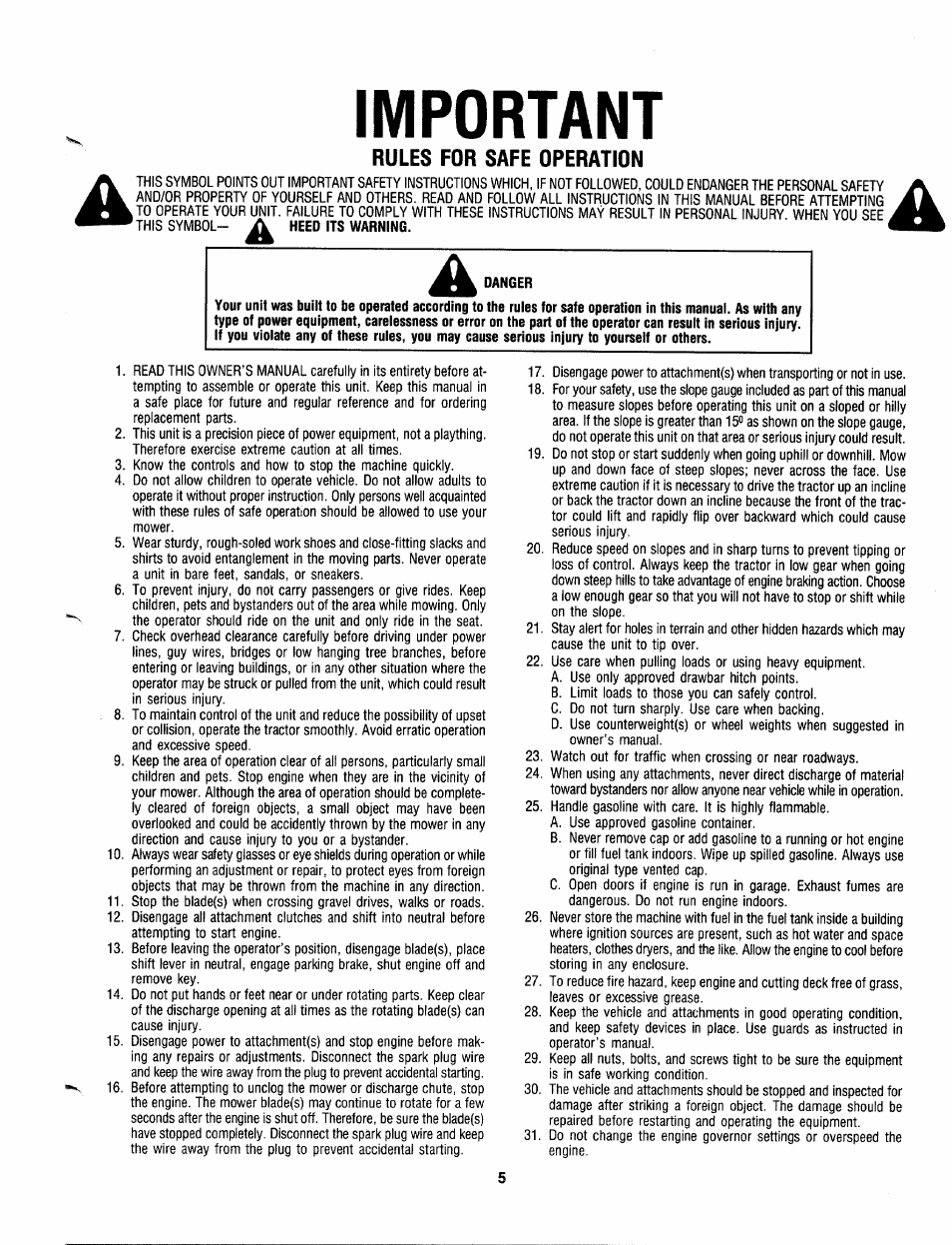 Important, Danger, Rules for safe operation | Heed its warning | Bolens 130-527-000 User Manual | Page 5 / 32