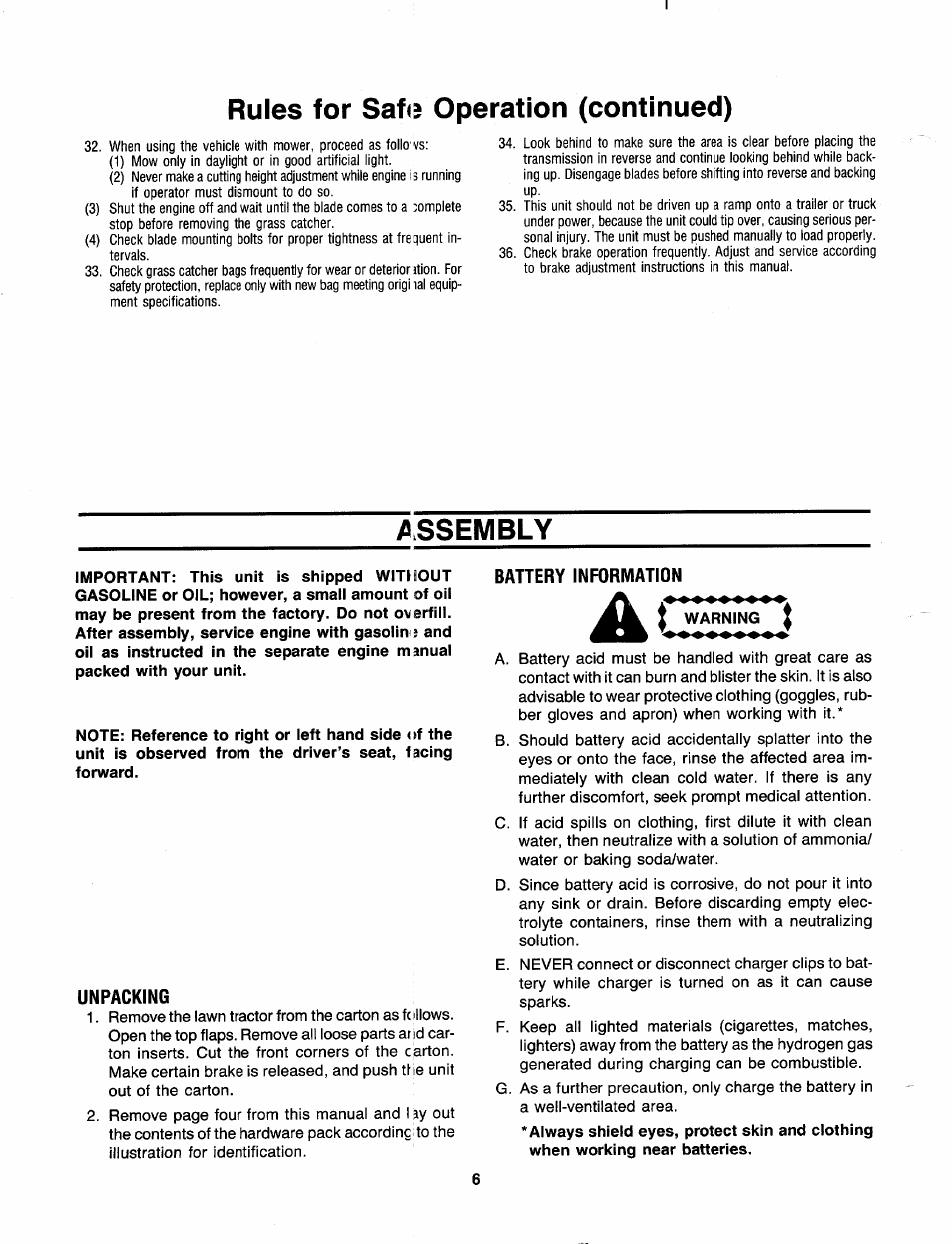 Rules for safe operation (continued), Assembly, Battery information | Unpacking, Warning | Bolens 130-527-000 User Manual | Page 6 / 32