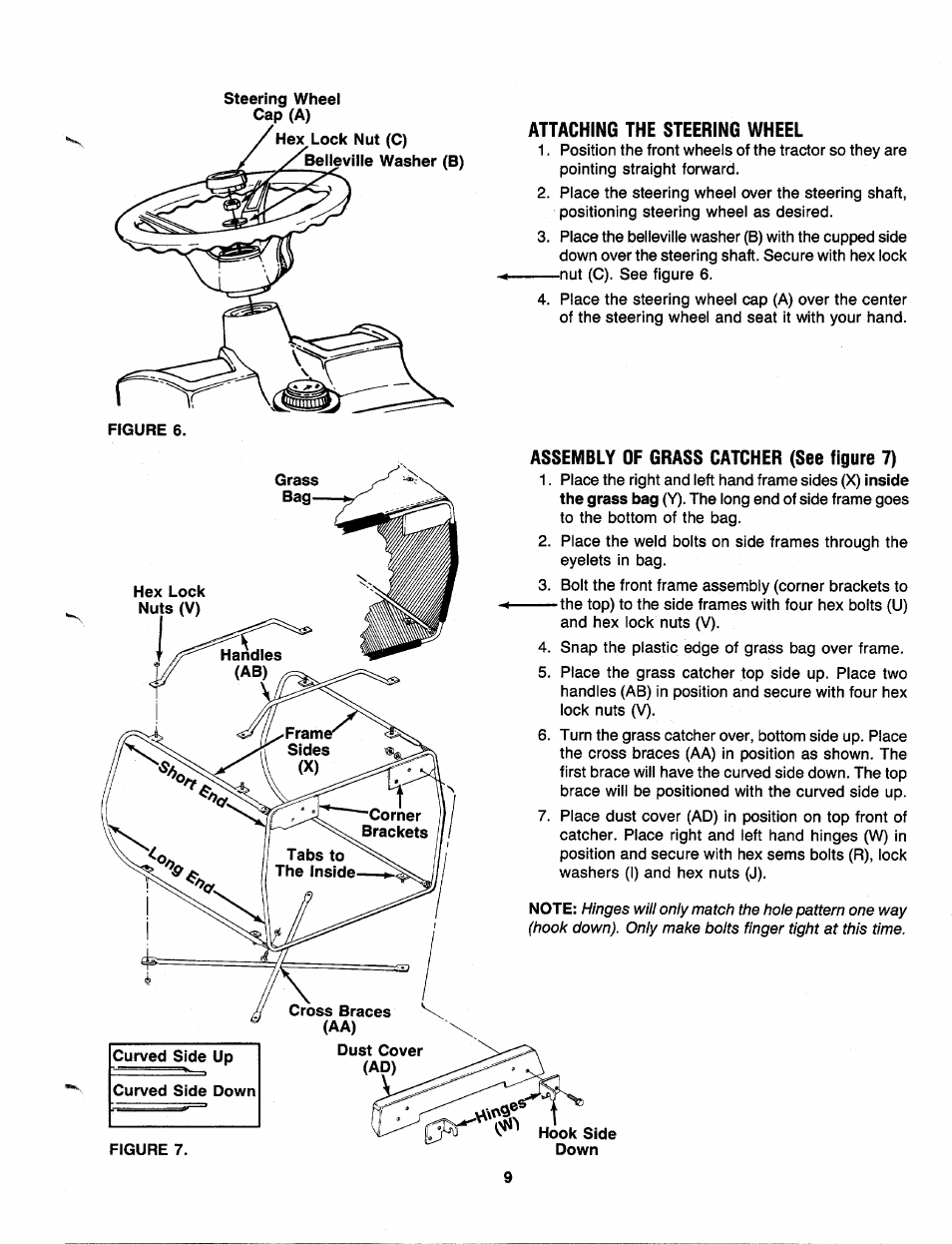 Attaching the steering wheel, Assembly of grass catcher (see figure 7) | Bolens 130-527-000 User Manual | Page 9 / 32