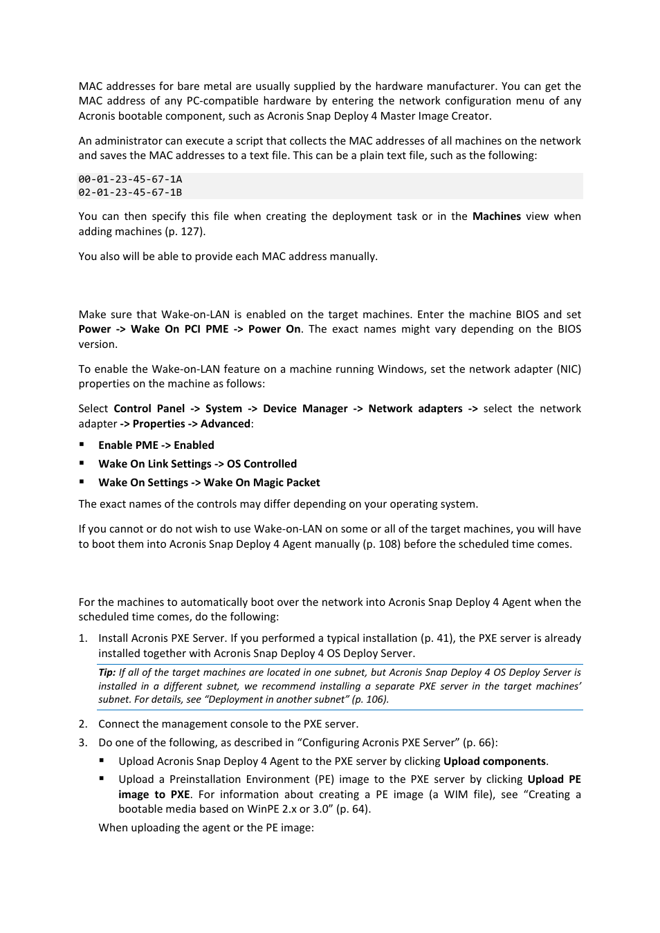 Enabling wake-on-lan on target machines, Installing and configuring the pxe server | Acronis Snap Deploy 4 - User Guide User Manual | Page 102 / 145