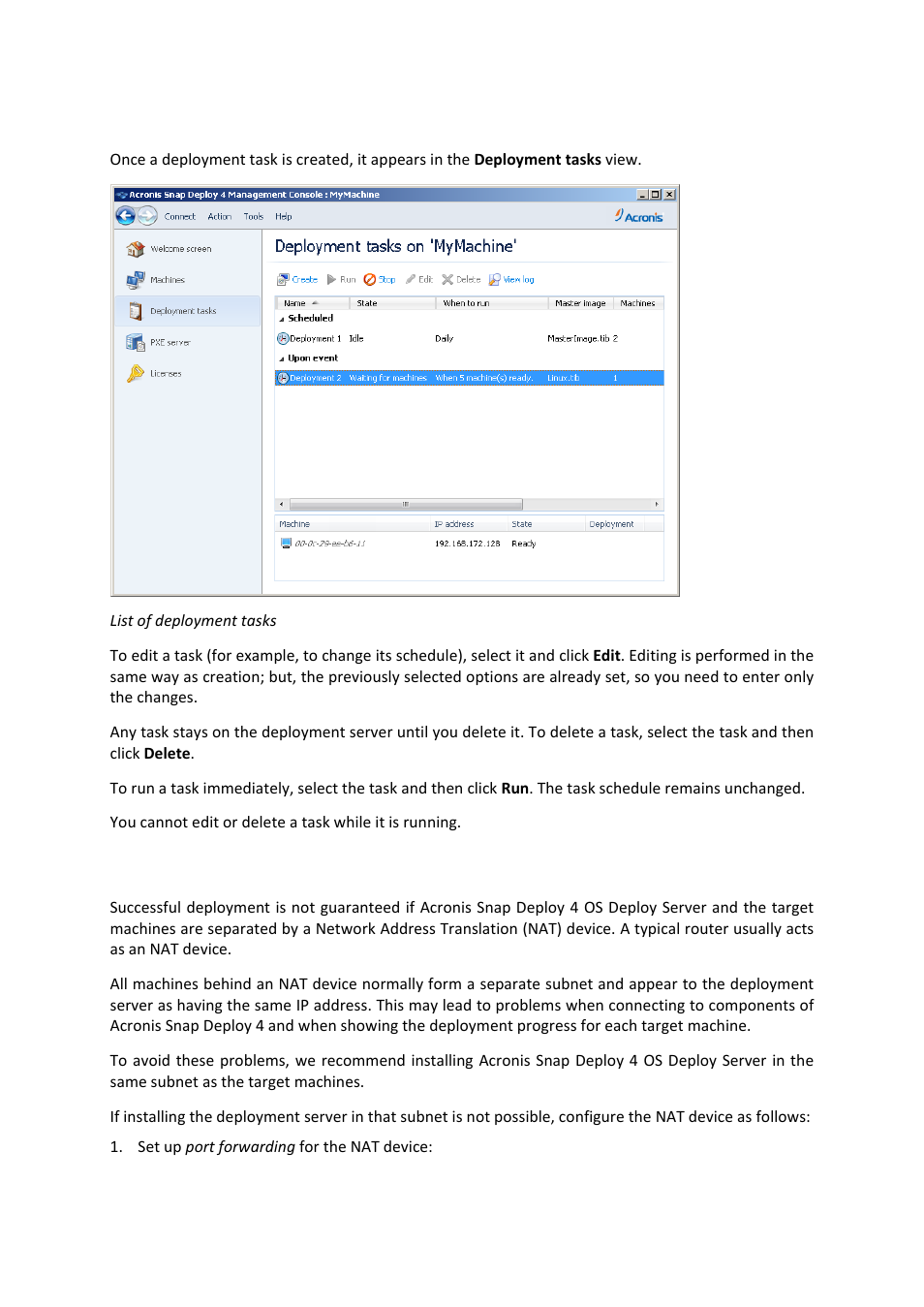 5 operations with deployment tasks, 6 deployment behind an nat device, Operations with deployment tasks | Deployment behind an nat device | Acronis Snap Deploy 4 - User Guide User Manual | Page 112 / 145