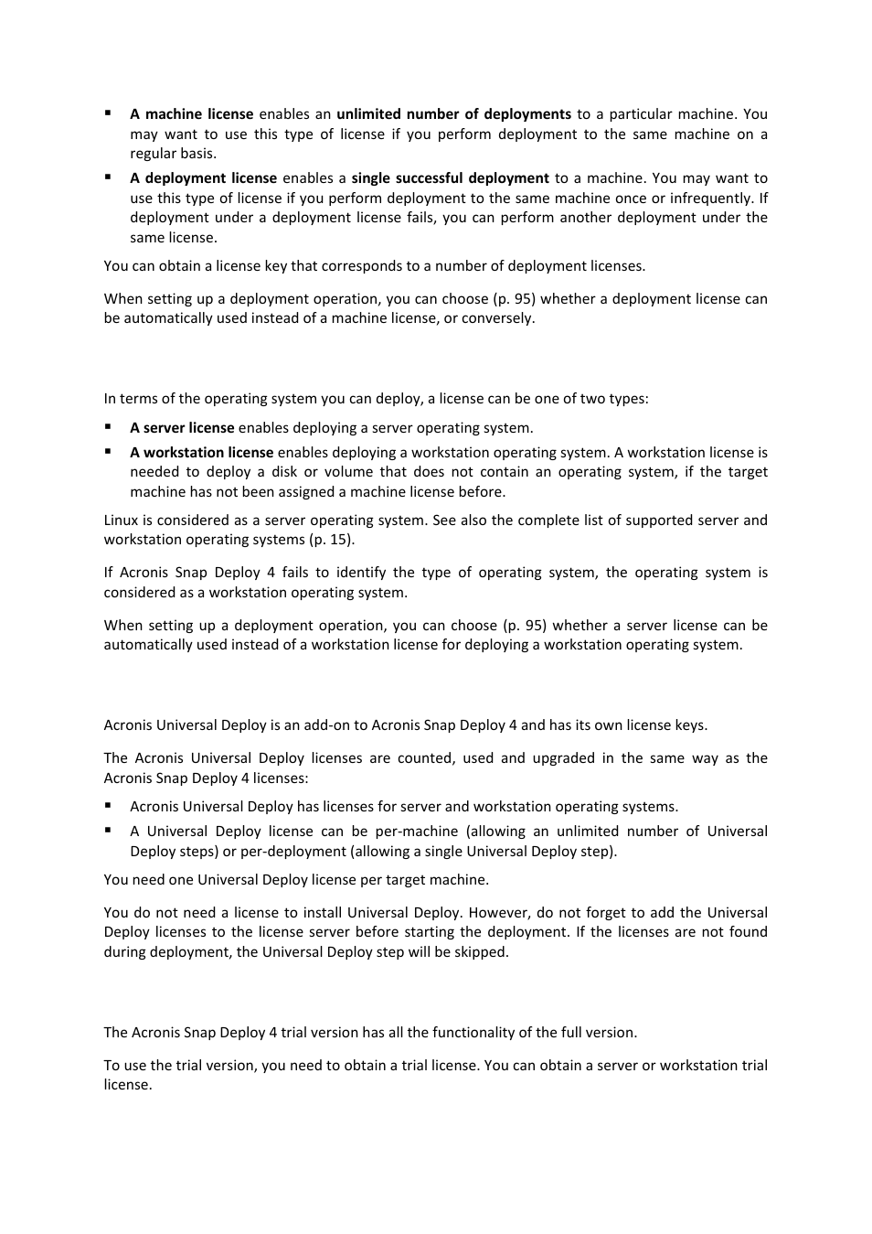 2 server licenses and workstation licenses, 3 licenses for acronis universal deploy, 4 trial version of acronis snap deploy 4 | Server licenses and workstation licenses, Licenses for acronis universal deploy, Trial version of acronis snap deploy 4 | Acronis Snap Deploy 4 - User Guide User Manual | Page 17 / 145