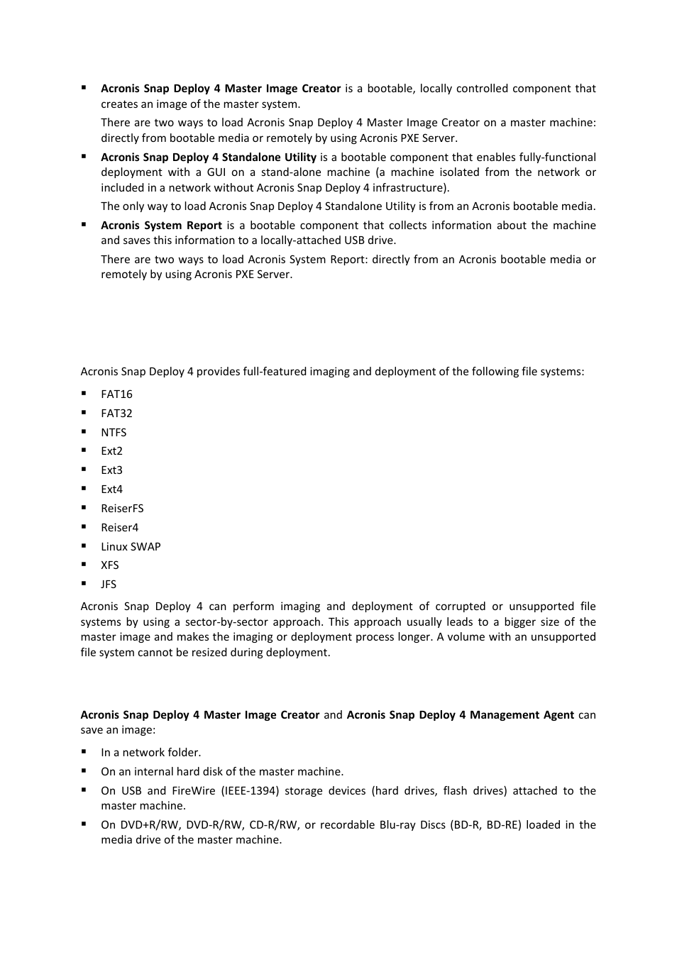 3 support for file systems and storage media, 1 supported file systems, 2 supported media | Supported file systems, Supported media | Acronis Snap Deploy 4 - User Guide User Manual | Page 22 / 145