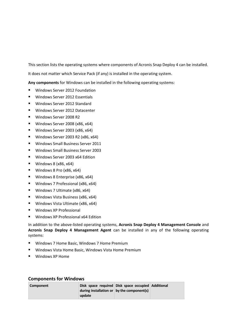 4 installation of acronis snap deploy 4, 1 supported operating systems, 2 system requirements | Installation of acronis snap deploy 4 | Acronis Snap Deploy 4 - User Guide User Manual | Page 39 / 145