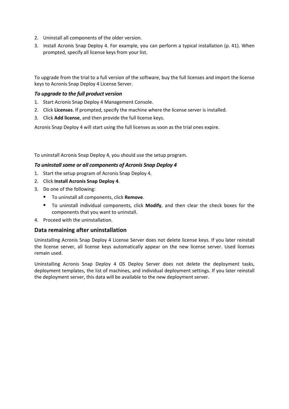 2 upgrading from the trial to full product version, 8 uninstalling acronis snap deploy 4, Upgrading from the trial to full product version | Acronis Snap Deploy 4 - User Guide User Manual | Page 50 / 145