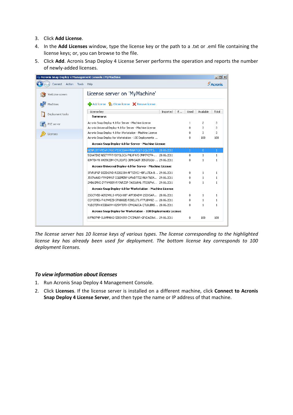 3 viewing information about licenses | Acronis Snap Deploy 4 - User Guide User Manual | Page 55 / 145