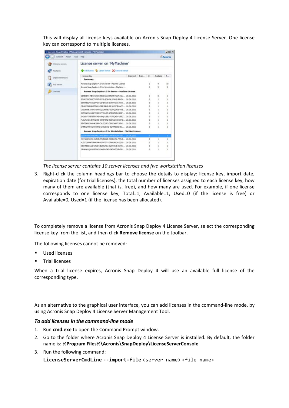 4 removing licenses, 5 adding licenses in the command-line mode | Acronis Snap Deploy 4 - User Guide User Manual | Page 56 / 145