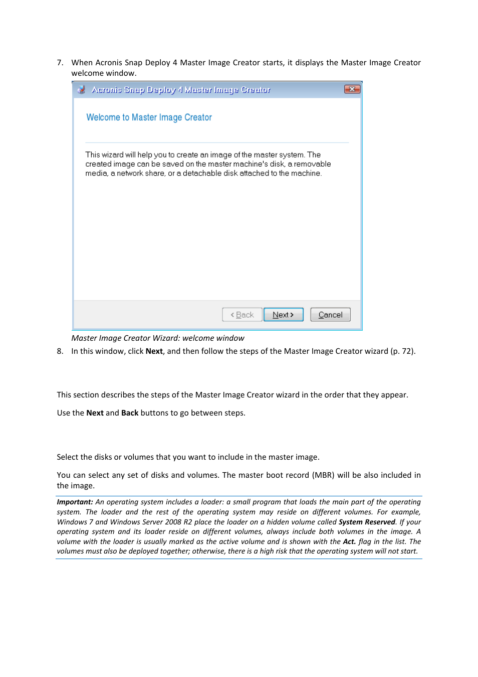 5 steps of the master image creator wizard, 1 disks or volumes to image, Disks or volumes to image | Acronis Snap Deploy 4 - User Guide User Manual | Page 72 / 145