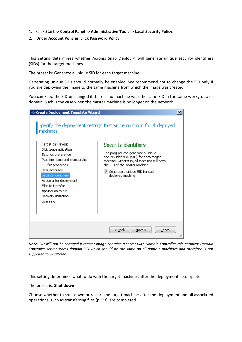 Security identifiers, Action after deployment | Acronis Snap Deploy 4 - User Guide User Manual | Page 92 / 145