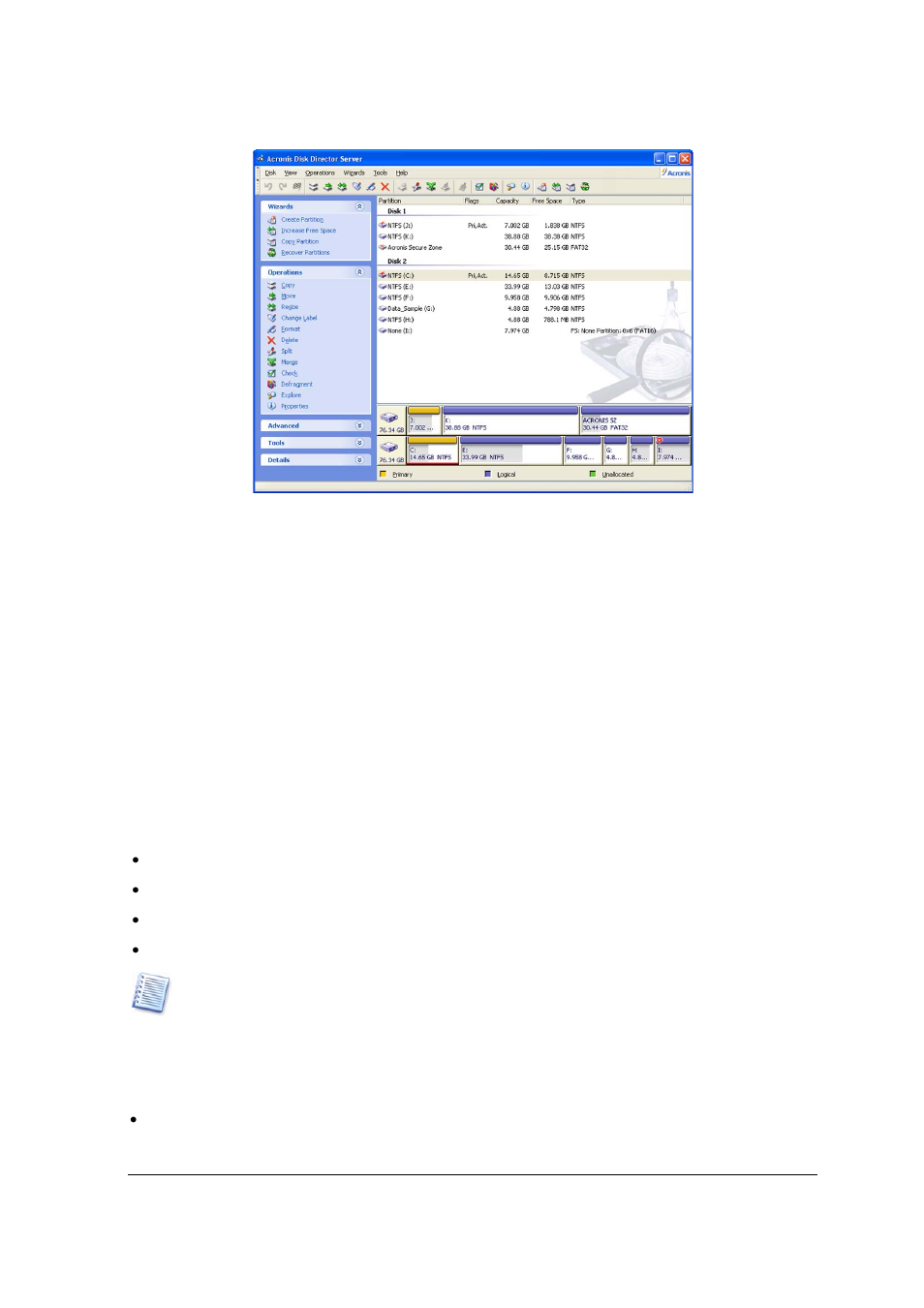 Disk and partition information, 3 calling partition operations, 1 calling the main operations | 2 advanced operations, Alling, Artition, Perations | Acronis Disk Director Server 10.0 - User Guide User Manual | Page 14 / 97