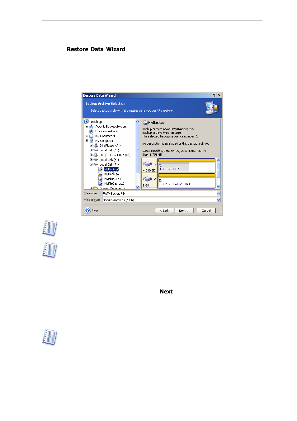 1 starting the restore data wizard, 2 archive selection, 3 restoration type selection | Acronis True Image Echo Server for Windows - User Guide User Manual | Page 48 / 117