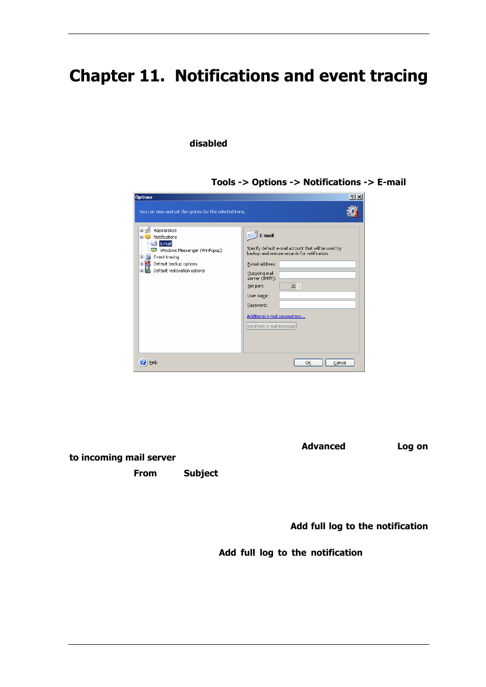 Chapter 11. notifications and event tracing, 1 email notification, 2 winpopup notification | Chapter 11. notifications and, Event tracing | Acronis True Image Echo Server for Windows - User Guide User Manual | Page 81 / 117