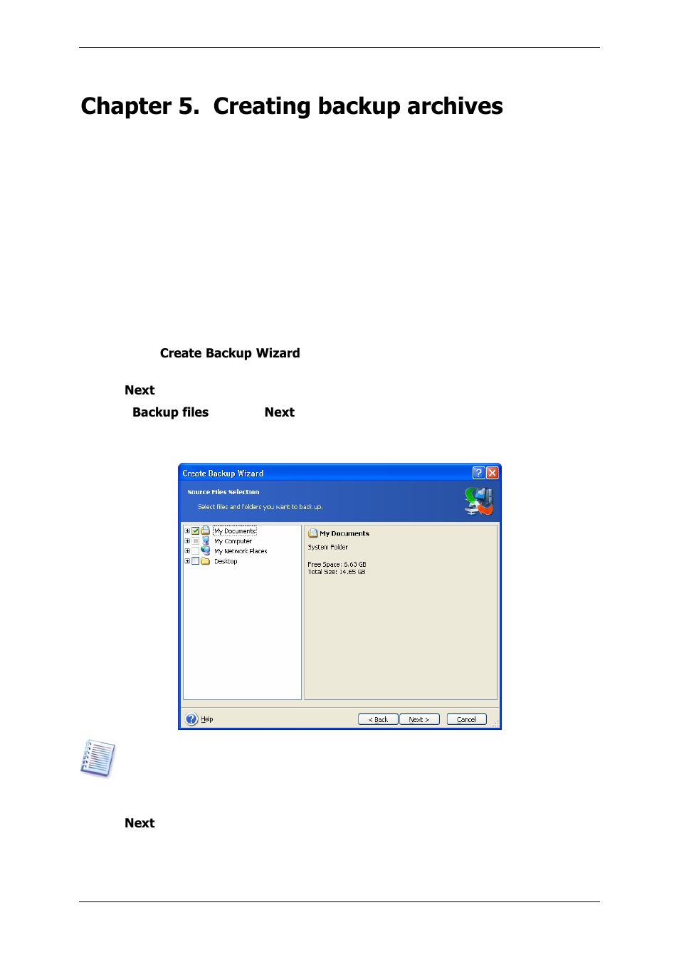 Chapter 5. creating backup archives, 1 backing up files and folders (file backup), Chapter 5 | Creating backup archives | Acronis True Image 9.1 Server for Windows - User Guide User Manual | Page 26 / 91