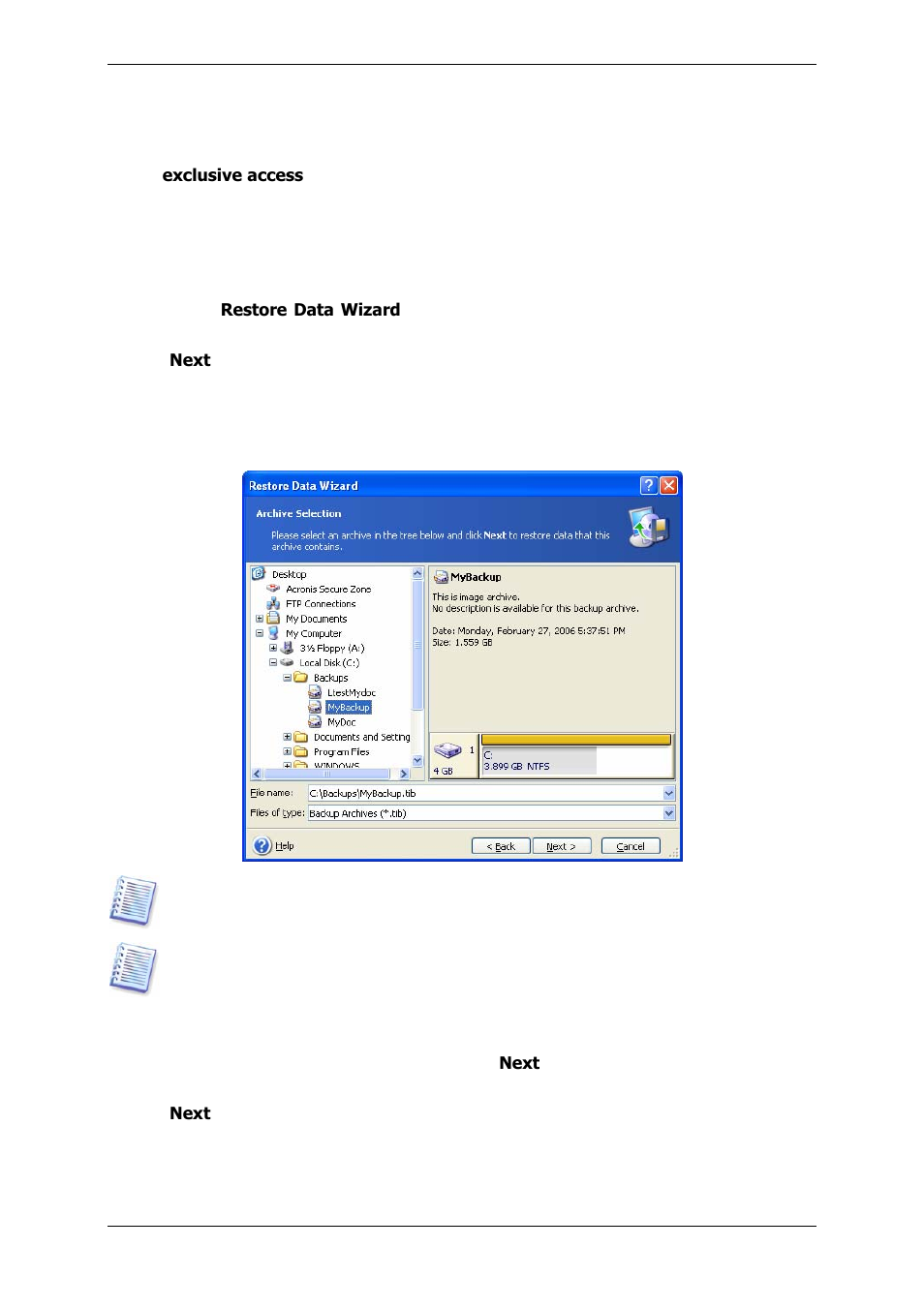 3 restoring disks/partitions or files from images, 1 starting the restore data wizard, 2 archive selection | 3 restoring disks partitions or files from images, 3 restoring disks/partitions or files from, Images | Acronis True Image 9.1 Server for Windows - User Guide User Manual | Page 43 / 91