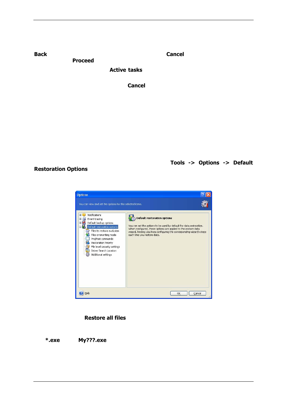 13 restoration summary and executing restoration, 4 setting restore options, 1 files to exclude from restoration | 13 res o ation summary and executing restoration, 4 setting esto e, Options, For m, 1 files to exclu | Acronis True Image 9.1 Server for Windows - User Guide User Manual | Page 50 / 91