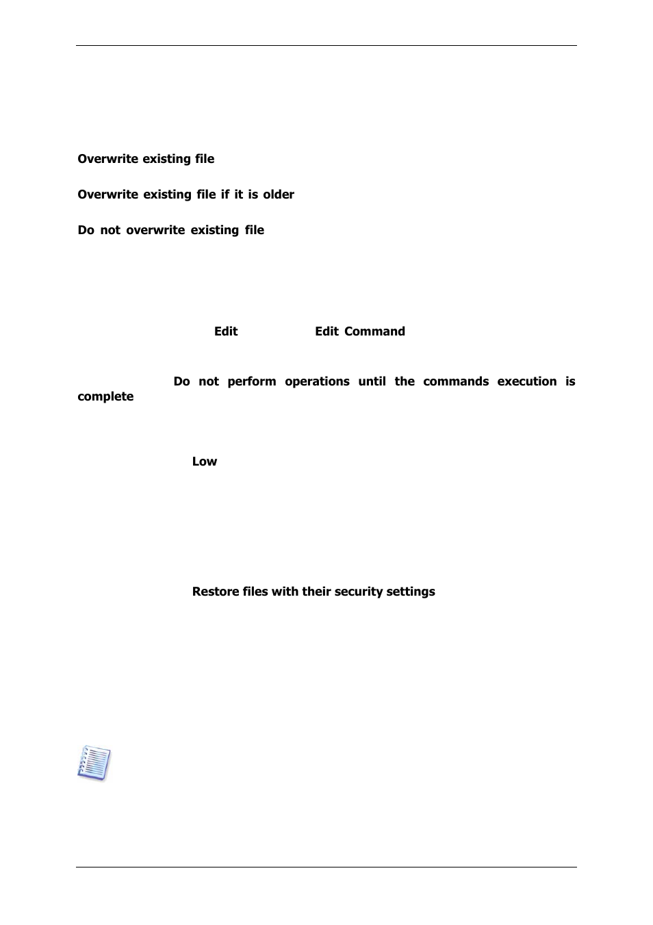 2 files overwriting mode, 3 pre/post commands, 4 restoration priority | 5 file-level security settings, 6 driver search location, 4 res oration priority, 5 file-level security se ings | Acronis True Image 9.1 Server for Windows - User Guide User Manual | Page 51 / 91