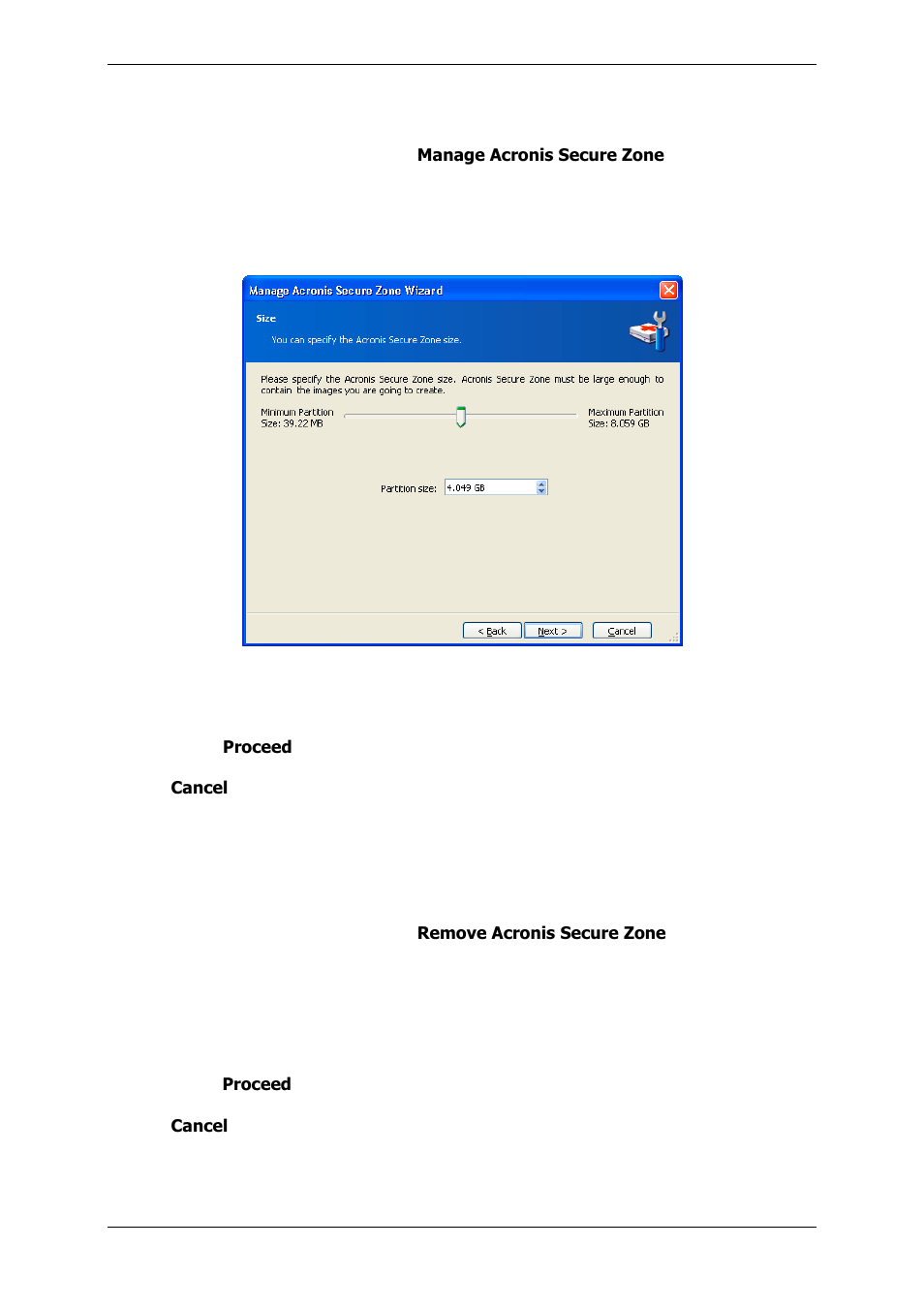 2 resizing acronis secure zone, 3 deleting acronis secure zone | Acronis True Image 9.1 Server for Windows - User Guide User Manual | Page 59 / 91
