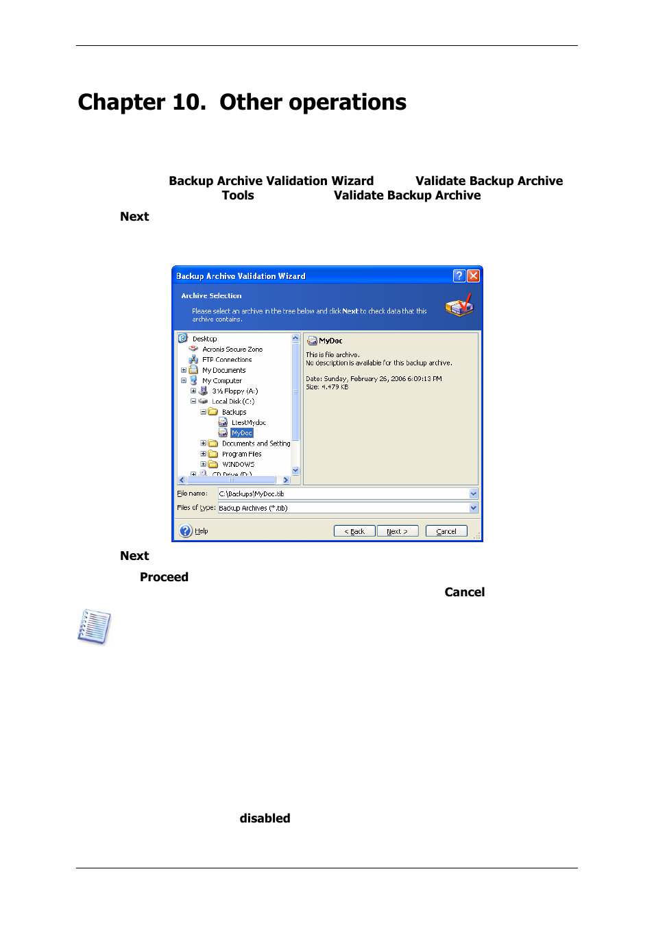 Chapter 10. other operations, 1 validating backup archives, 2 operation results notification | Acronis True Image 9.1 Server for Windows - User Guide User Manual | Page 64 / 91