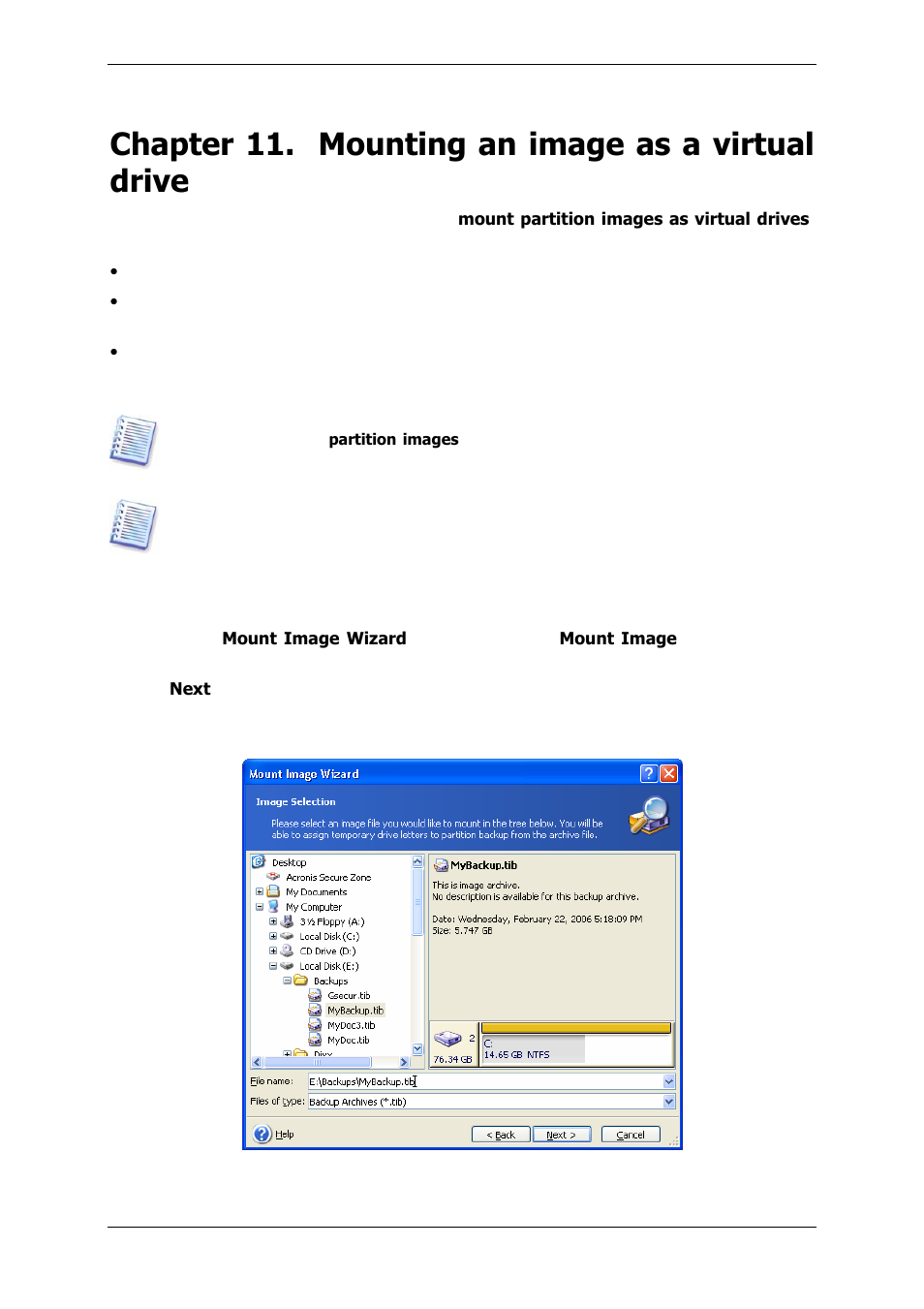 Chapter 11. mounting an image as a virtual drive, 1 mounting an image, Chapter 11 | Mounting an image as a virtual drive), Ns. see details in, Mounting an image as a virtual drive, Error! reference source not found, Or start | Acronis True Image 9.1 Server for Windows - User Guide User Manual | Page 69 / 91