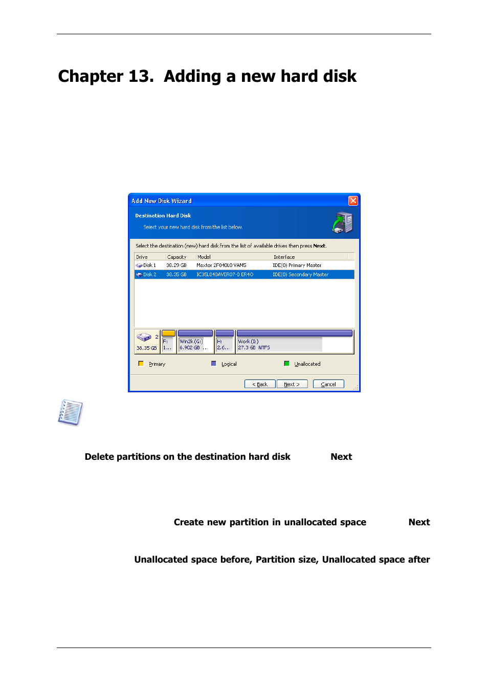 Chapter 13. adding a new hard disk, 1 selecting a hard disk, 2 creating new partitions | Acronis True Image 9.1 Server for Windows - User Guide User Manual | Page 81 / 91
