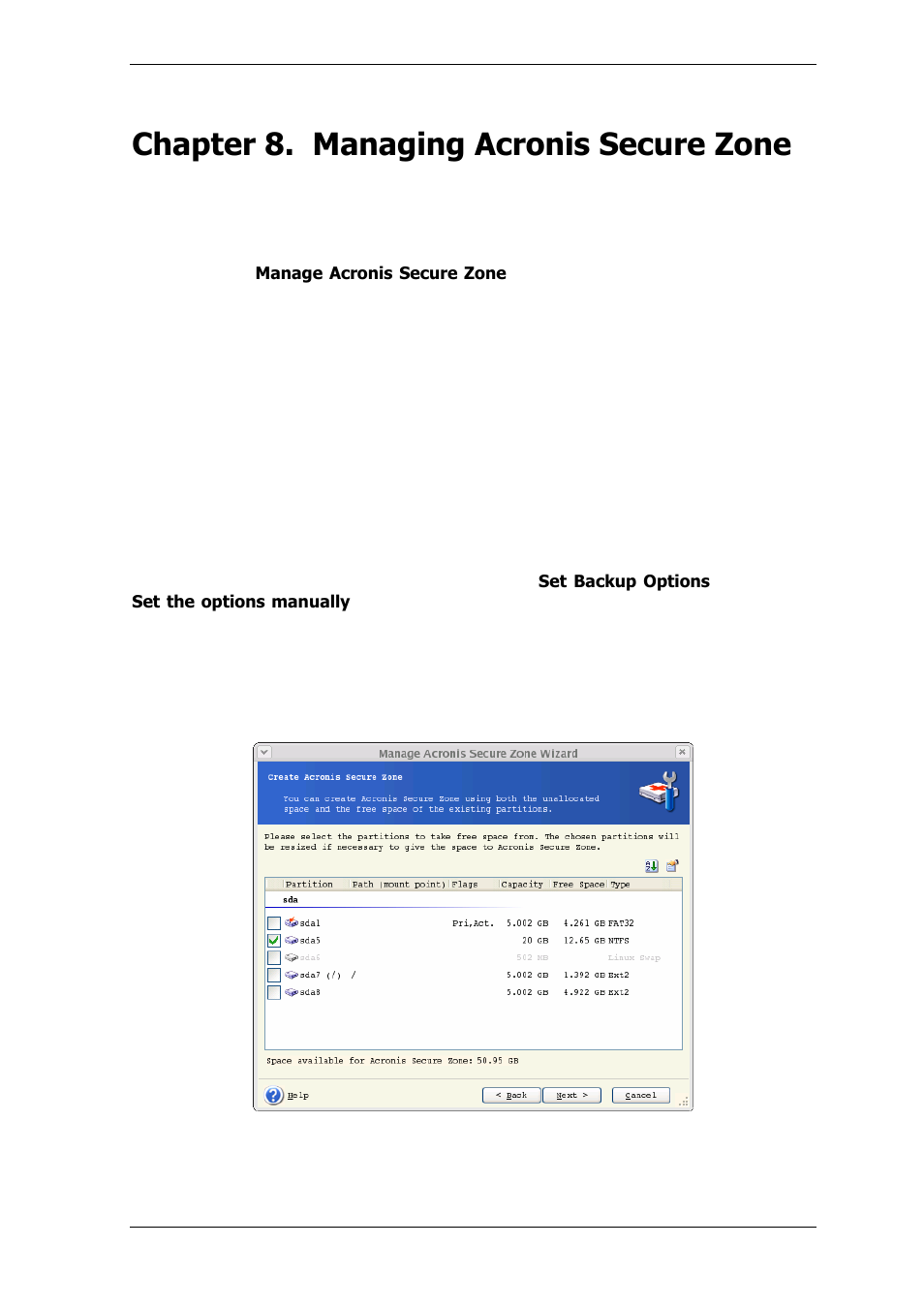 Chapter 8. managing acronis secure zone, 1 creating acronis secure zone | Acronis True Image Echo Server for Linux - User Guide User Manual | Page 53 / 87