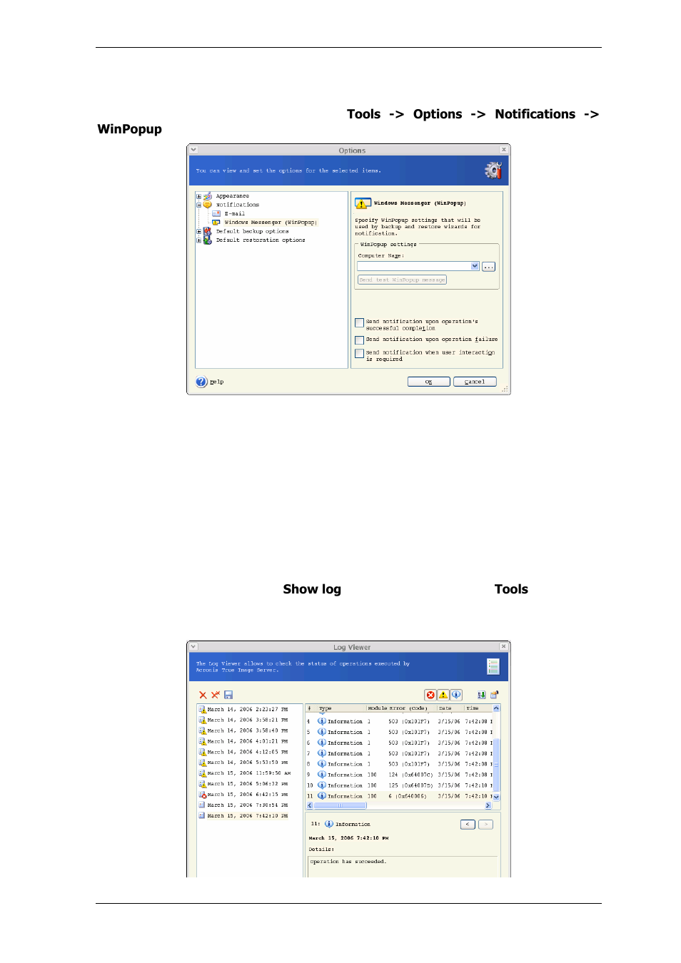 2 winpopup notification, 3 viewing logs | Acronis True Image Echo Server for Linux - User Guide User Manual | Page 65 / 87