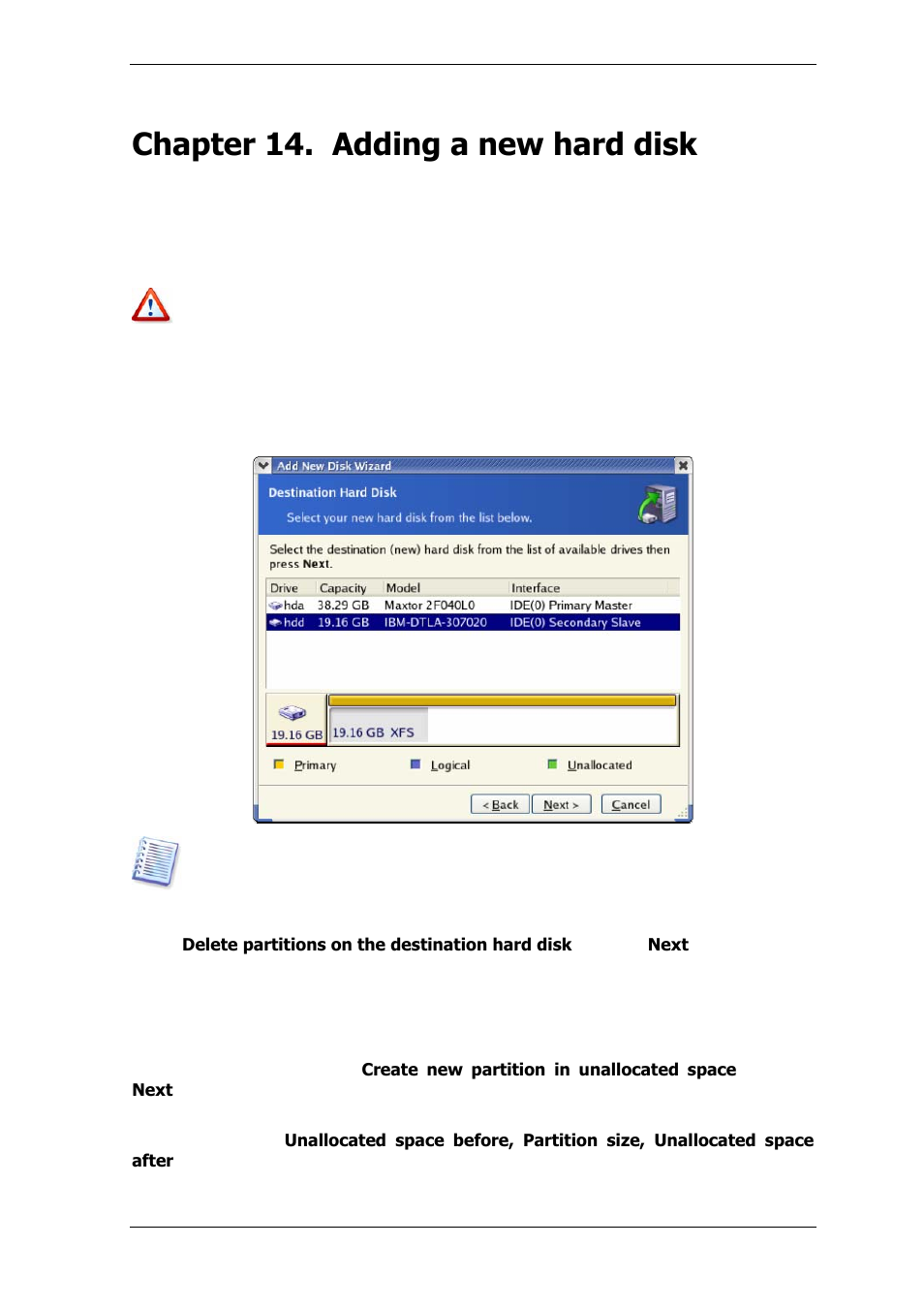 Chapter 14. adding a new hard disk, 1 selecting a hard disk, 2 creating new partitions | Acronis True Image Echo Server for Linux - User Guide User Manual | Page 86 / 87