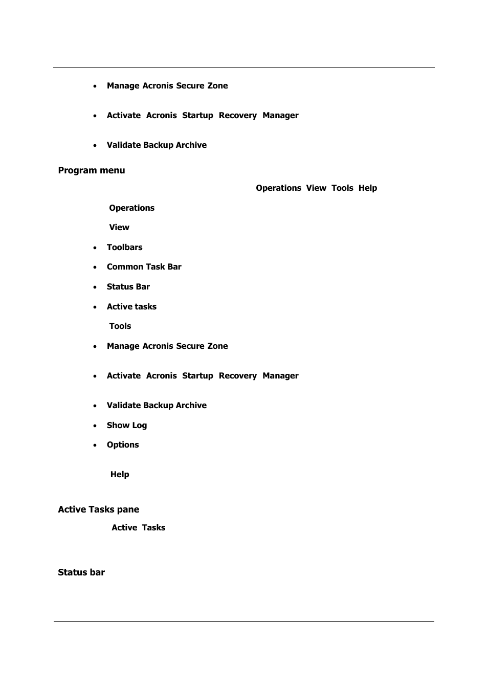 Program menu, Active tasks pane, Status bar | Acronis True Image 9.1 Server for Linux - User Guide User Manual | Page 18 / 82