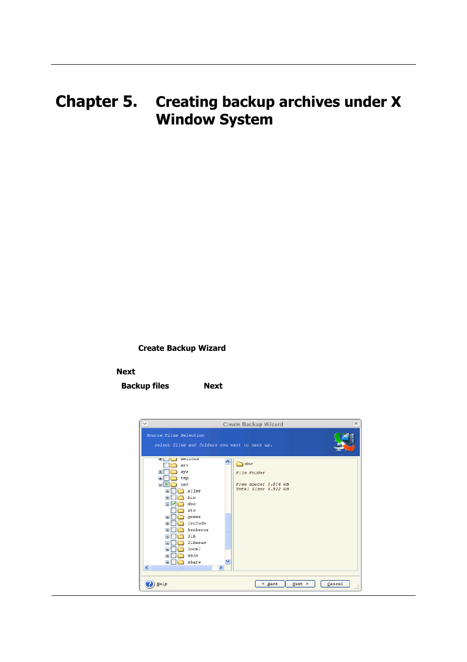 Creating backup archives under x window system, Backing up files and folders (file backup), Chapter 5 | Acking up files and folders, File backup | Acronis True Image 9.1 Server for Linux - User Guide User Manual | Page 20 / 82