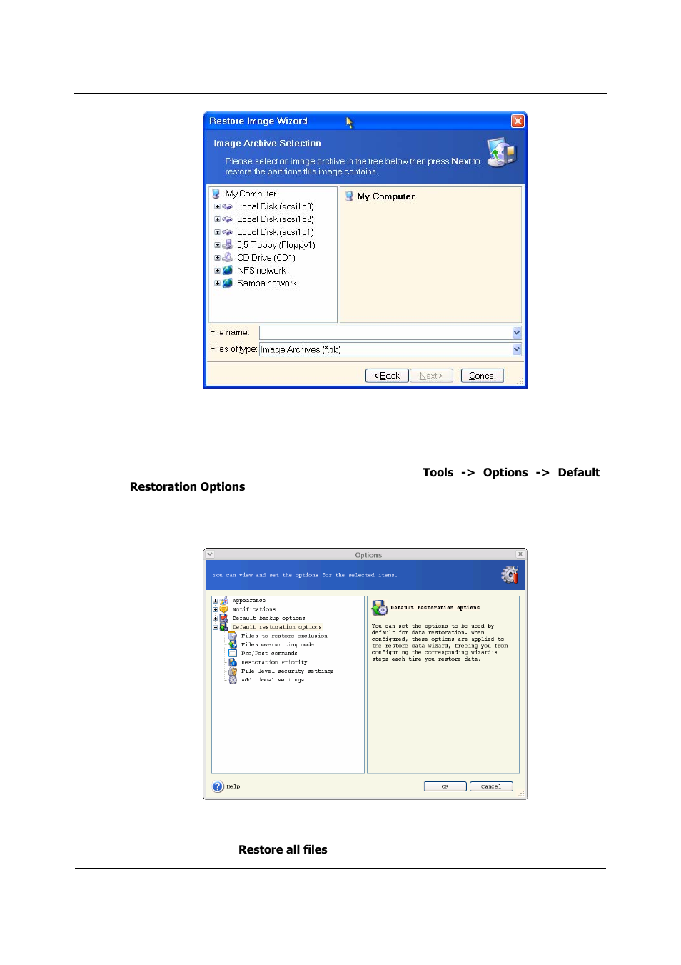 Setting restore options, Files to restore exclusion, Etting restore options | Acronis True Image 9.1 Server for Linux - User Guide User Manual | Page 46 / 82