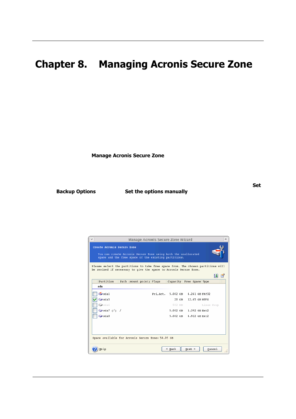 Managing acronis secure zone, Creating acronis secure zone, Chapter 8 | Reating, Cronis, Ecure, Chapter 8. managing acronis secure zone, 1 creating acronis secure zone | Acronis True Image 9.1 Server for Linux - User Guide User Manual | Page 54 / 82