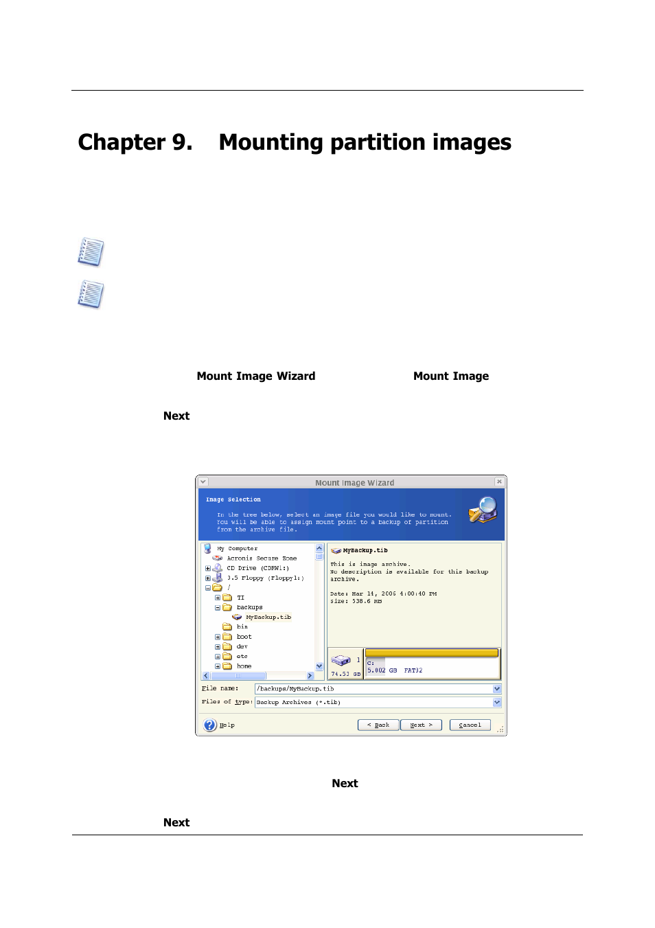 Mounting partition images, Mounting an image, Chapter 9 | Ounting an image, Or start the image, Restoration and select, Chapter 9. mounting partition images | Acronis True Image 9.1 Server for Linux - User Guide User Manual | Page 58 / 82